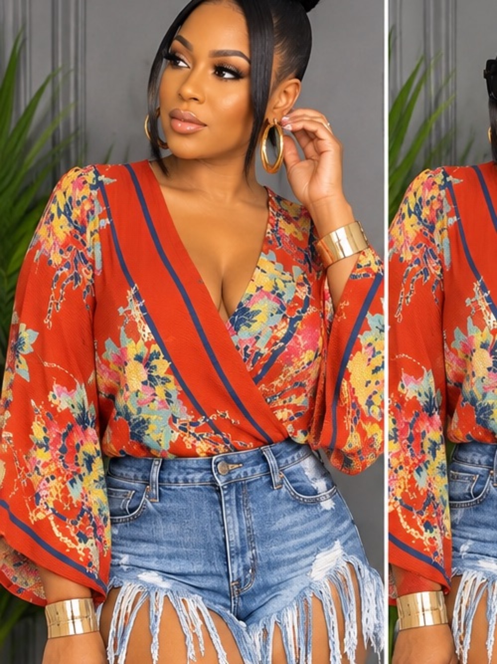 Flying Tomato Rust Red Floral Wrap Blouse with Navy Trim